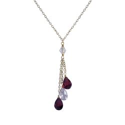 Garnet And White Teardrop CZ Lariat Style Necklace, Gold Tone Brass Chain -16