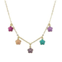 5 Multi Color Enamel Flower Charms On A Gold Tone Brass Necklace, 15  2 