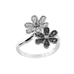 SILVER BLACK / WHITE DIAMOND FLOWER BYPASS RING - Size 7 (#8523D-BLK)