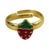 Image 1 : Red & Green Enamel Strawberry, Gold Tone Brass Ring, Adjustable Size 3-4