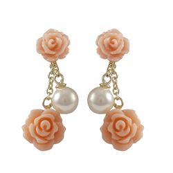 6Mm And 8Mm Peach Rose Flower With 7Mm White Pearl Dangling, Gold Plated Sterling Silver Post Earrin