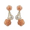 Image 1 : 6Mm And 8Mm Peach Rose Flower With 7Mm White Pearl Dangling, Gold Plated Sterling Silver Post Earrin