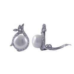 Sterling Silver CZ Clip Earrings, With 10Mm White Fresh Water Pearl- 0.79 