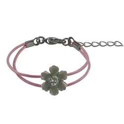 Green Enamel 12Mm Flower On Two Row Pink Cord, Rhodium Plated Brass Bracelet, 4