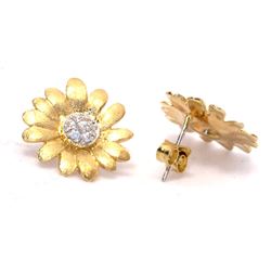 Sterling Silver Two Tone Flower Earrings With CZ