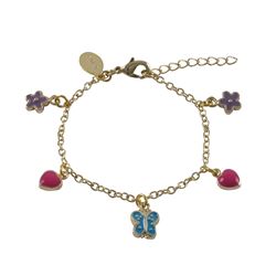 Lavender Flower, Turquoise Butterfly, And Hot Pink Heart Hanging Charms On Gold Plated Brass Bracele