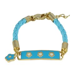 Turquoise Enamel Bar With White Flowers Turquoise Genuine Leather Cord Bracelet