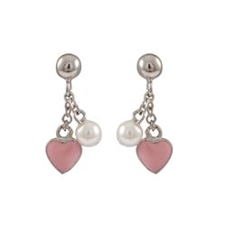 Pink Enamel Heart, 5Mm Pink Pearl, Gold Over Sterling Silver Post Earrings