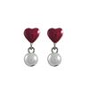 Image 1 : Red Enamel Heart, Sterling Silver Post Earring, Dangling Pearl