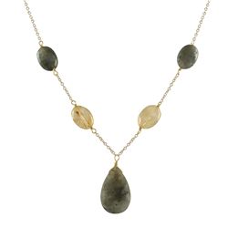 Labradorite(Grey) Teardrop Semi Precious Stone Y Necklace, Gold Plated Brass Chain, 18