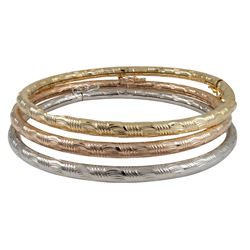 Tri Colored 3 Piece Brass Bangle Set With Hammered Design, 70Mm