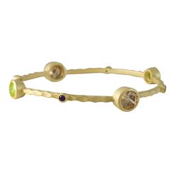 Matte Gold Tone Brass Bangle With Multi Colored Crystals, 60Mm