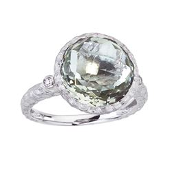 14K Brushed White Gold Round Green Amethyst And Diamond Ring