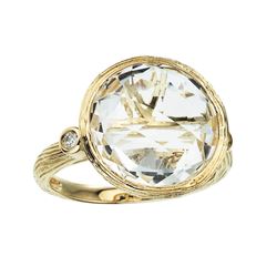 14K Brushed Yellow Gold Round White Topaz And Diamond Ring