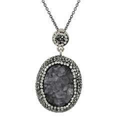 Grey-Blue Druzy Natural Stone Surrounded With White And Black Czech Crystals, Rhodium Plated Brass P