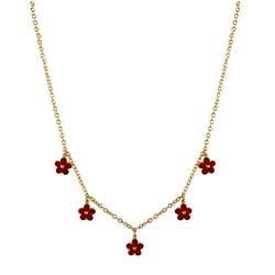 5 Red Enamel Flower Charms On A Gold Tone Brass Necklace, 15" 2"