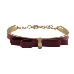Burgundy Bow On Burgundy Enamel, Gold Plated Brass Bangle Bracelet, 5.5