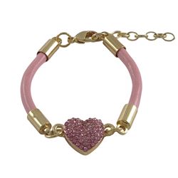 Pink Crystal 10X10mm Heart, Pink Cord, Gold Plated Brass Bracelet, 4.5 1