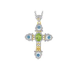 TT STERLING SILVER GOLDPLATED PERIDOT / SWISS BLUE TOPAZ / WHITE TOPAZ CROSS PENDANT (#8024MUL1)