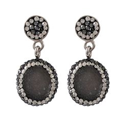 Grey-Blue Druzy Natural Stone Surrounded With White And Black Czech Crystals, Rhodium Plated Brass P