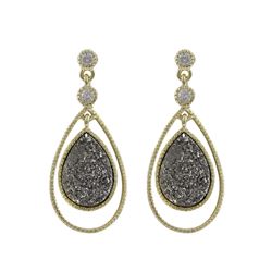 Gold Plated Sterling Silver, Grey Teardrop Druzy, CZ Post Earrings Dimensions: 31.5Mm Long X 14Mm Wi