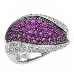 Wavy Pave-Set Diamond Ring W/ Pink Sapphire In 14K White Gold | 145148