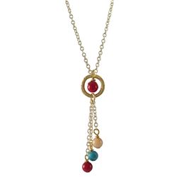 Genuine Red Coral, Turquoise, And Peach 4Mm Balls And Coral 4Mm Ball In Ring, Lariat Style Necklace,