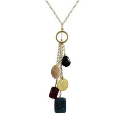 Garnet And Teal Combination Semi Precious Stones Lariat Style On Gold Tone Brass Chain -16