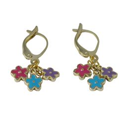 Hot Pink-Turquoise- Lavender Enamel Flowers Dangling On Gold Plated Brass Leverback Earring, 1.14"