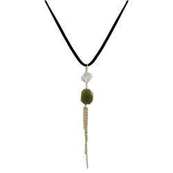 Olive Jade Semi Precious Stone Tassel Necklace On Suede Chain- 24