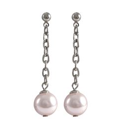 Pink 10Mm Pearl Dangling, Rhodium Plated Brass Ball Post Earrings, 1.68