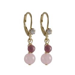 Rose Quartz 6Mm And Rhodonite(Pink) 4Mm Semi Precious Balls Dangling, Gold Plated Surgical Steel Lev