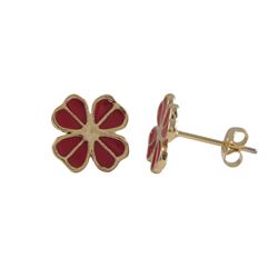 Red Enamel Four Leaf Clover, Gold Tone Post Earrings