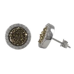 Rhodium Plated Sterling Silver, 11Mm Round Circle, Champagne 8Mm Druzy Natural Stone With CZ Border,