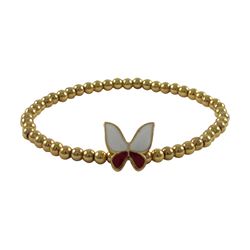 Gold Plated Brass Ball Stretch Bracelet With White And Red Enamel Butterfly 5