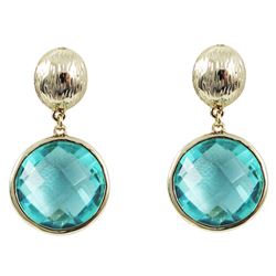 Gold Plated Brass Earrings With Round Aqua CZ -925 Post