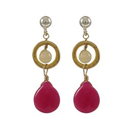 Fuschia 9X11mm Teardrop Semi Precious Stone Dangling, Gold Plated Sterling Silver Post Earrings, 1.2