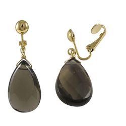 Smokey Semi Precious Stone On Gold Tone Brass Clip On Earrings- 1.5"