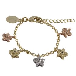 Tri Color Flower Charms Dangling, Gold Plated Brass Chain Bracelet, 4