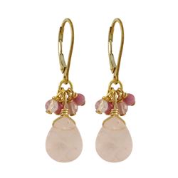 Rose Quartz Combination Semi Precious Stones On Gold Plated  Brass Lever Back Earrings-1.42"