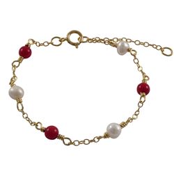 Red 4Mm Balls And White 4Mm Fresh Water Pearls On Gold Filled Chain Bracelet, 5" 1"