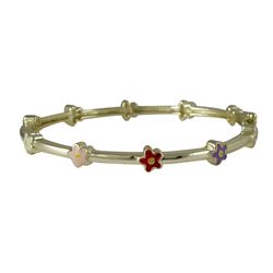 Gold Tone Brass Bangle With Multi Color Enamel Flowers