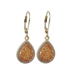 Gold Plated Sterling Silver, 12X15.5Mm Teardrop, Peach 8.5X11.5Mm Druzy Natural Stone With CZ Border