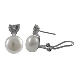 Rhodium Plated Sterling Silver CZ Post Clip Earrings With 10Mm White Fresh Water Pearl, 0.63