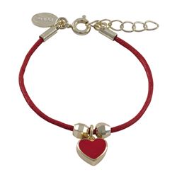 Red Enamel Heart On Red Cord, Gold Plated Brass Bracelet, 5