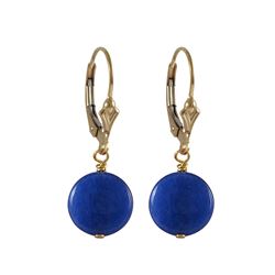Blue Quartz Semi Precious 10Mm Round Flat Stone On Gold Filled Lever Back Earrings, 1.18"