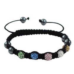 Multi Color 6Mm Shamballa Balls Black Cord Bracelet, Adjustable Size
