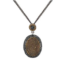 Coffee Druzy Natural Stone Surrounded With Champagne And Black Czech Crystals, Rhodium Plated Brass 