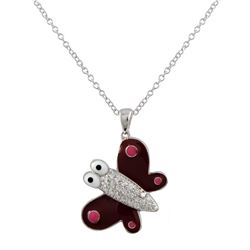 Sterling Silver, Red Enamel Butterfly With CZ Pendant
