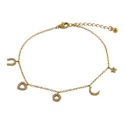 Gold Plated Sterling Silver Heart, Moon, Star, AAA CZ Charms On Gold Plated Sterling Silver Chain Br